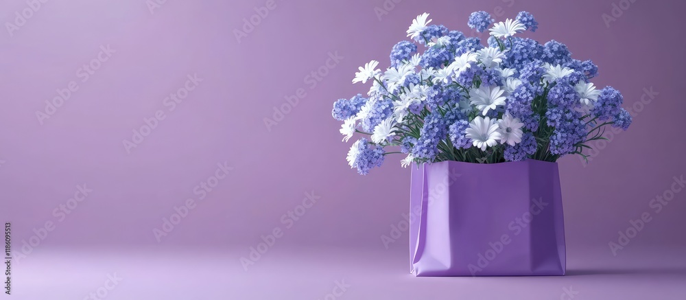 Aufkleber White and blue flowers in a purple bag on a purple paper backdrop Space for text. with copy space image. Place for adding text or design