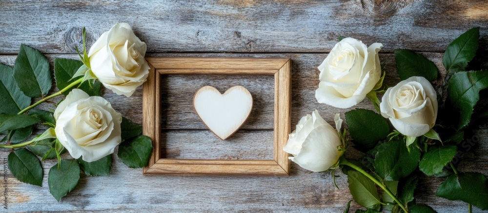 Poster valentine s day theme featuring lovely white roses and a wooden photo frame on a natural wooden back