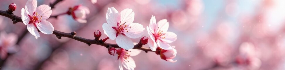 Naklejka premium stunning large white cherry blossom on branch, pink flowers, branches, cherry blossom