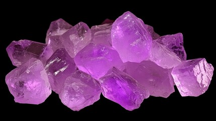 Fototapeta premium A pile of purple amethyst crystals glowing under soft lighting, showcasing their natural beauty.