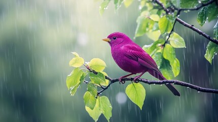 Obraz premium A purple bird perched on a tree branch, with vibrant green leaves and a blurred forest background.