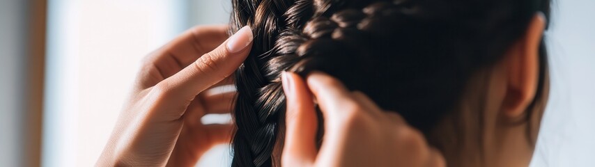 Obraz premium Braiding Hair, Close-Up of Hands Creating Intricate Braids, Bright Indoor Lighting, Self-Care and Personal Atmosphere