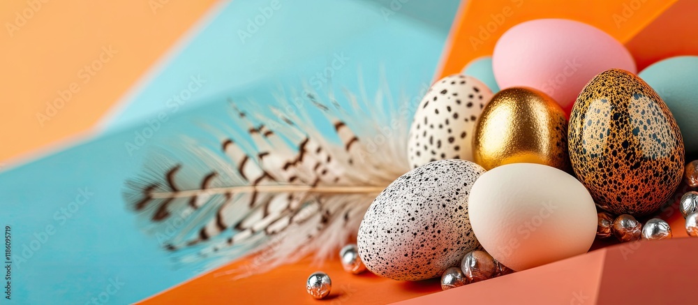 Aufkleber quail eggs in various colors alongside white gold and silver candies are placed on a large feather s