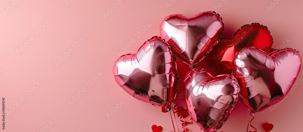 Poster red and pink heart shaped inflatable foil balloons arrangement includes space for text. with copy sp