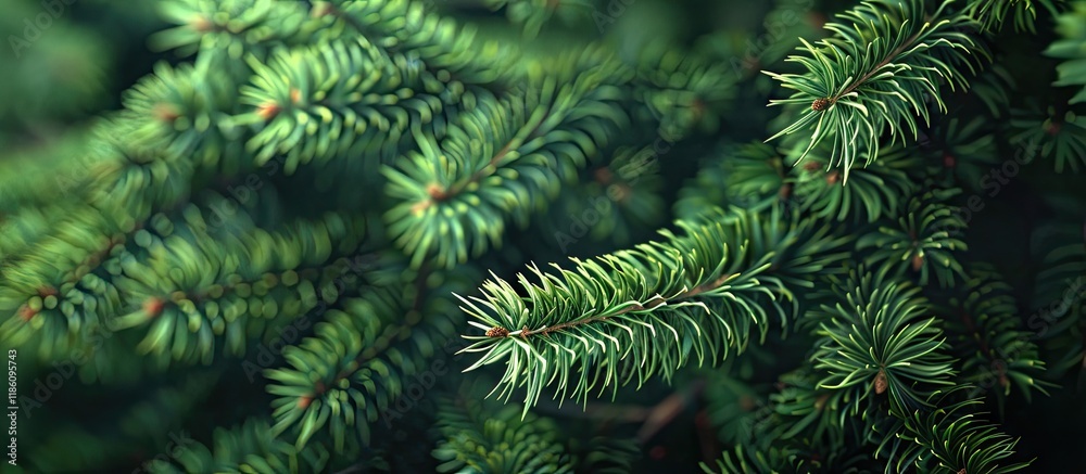 Wall mural green spruce pine needles bloom. with copy space image. place for adding text or design