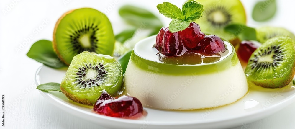 Poster italian dessert panna cotta with fruit jelly and fresh kiwi pieces on a white background. with copy 