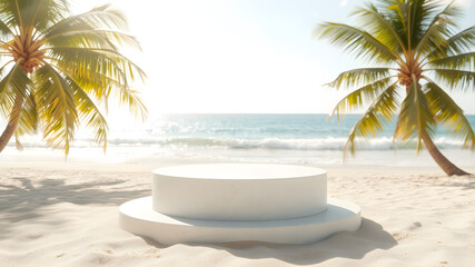 Obraz premium 3D Podium with Copy Space. Serene Tropical Beach with Palm Trees, Beautiful Stones and Modern White Podium for Product Showcase. Generative AI.