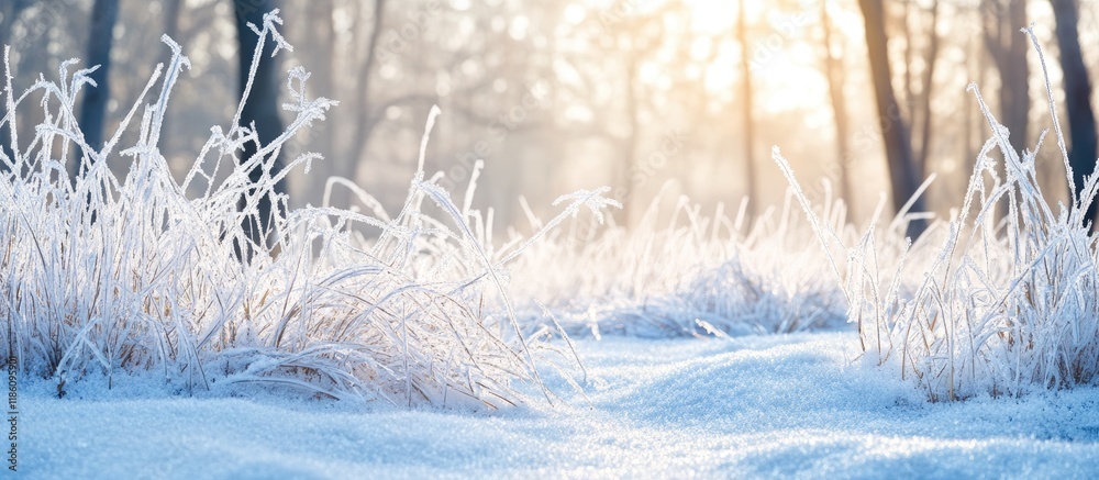 Leinwandbilder frosty grass blanketed in snow in a winter forest. with copy space image. place for adding text or d