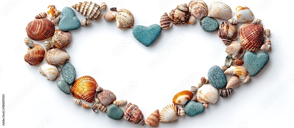 Poster Heart shaped frame made of stones and seashells isolated on white. with copy space image. Place for adding text or design