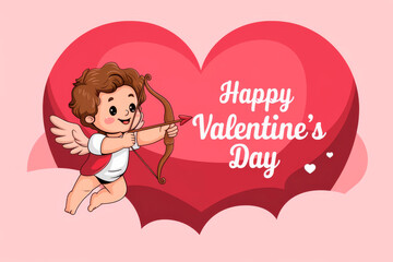Banner illustration with a cute baby cupid with a bow and arrow. Concept for Valentine's Day