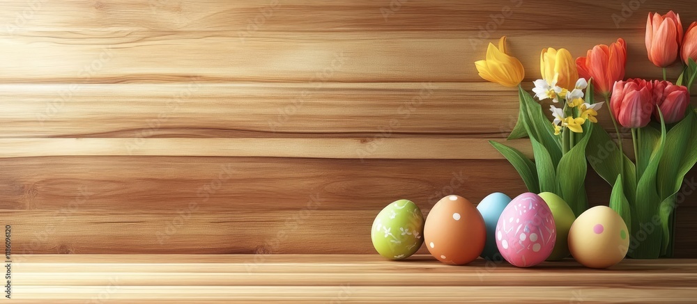 Aufkleber easter eggs and tulips on wooden boards german text happy easter easter backdrop. with copy space im