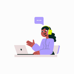 Female Customer Service Representative Working On Laptop In Flat Vector Illustration Symbolizing Communication, Customer Support, And Remote Work, Isolated On White Background