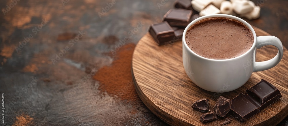 Poster delicious hot chocolate served on a wooden platter. with copy space image. place for adding text or 