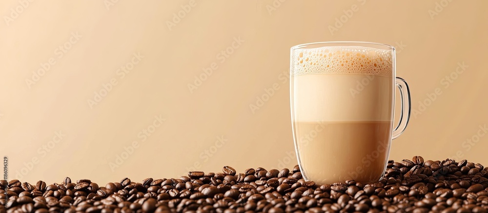 Aufkleber A cup of fragrant coffee with milk set against a backdrop of coffee beans. with copy space image. Place for adding text or design