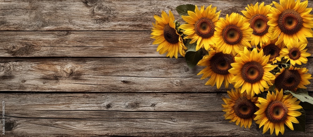 Fototapete sunflowers against a weathered wooden backdrop area for text. with copy space image. place for addin