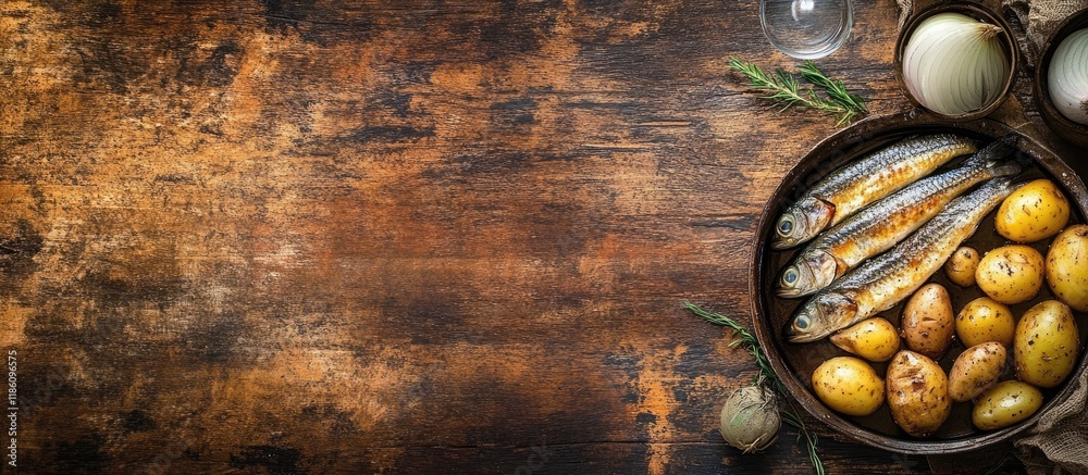 Poster Herring and potatoes as a second course feature marinated fish and onion creating a fresh ready to eat meal or snack on the table with copy space for a food background in a rustic style