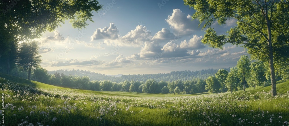 Leinwandbilder lush meadow and woodland scenery with a stunning sky overhead. with copy space image. place for addi