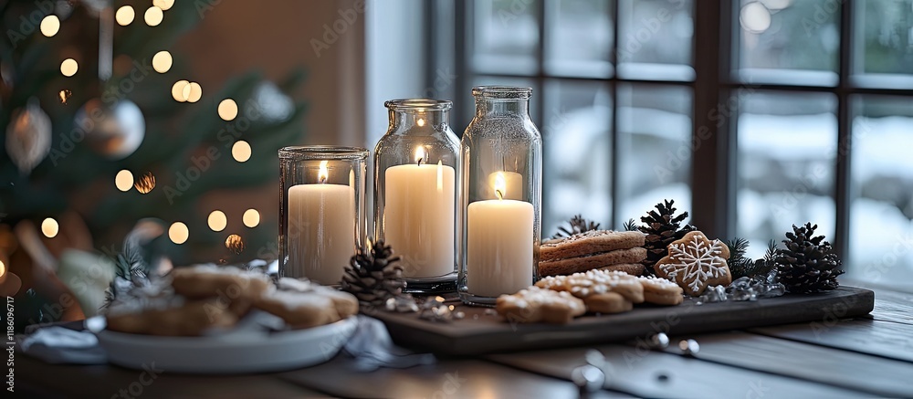 Aufkleber Four candles in bottles are lit for Advent with Christmas cookies and decorations on a table by the window copy space selected focus narrow depth of field