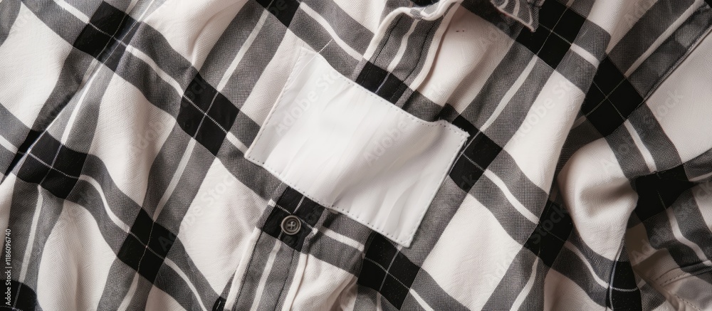 Aufkleber blank clothing label on a checkered shirt seen from above. with copy space image. place for adding t