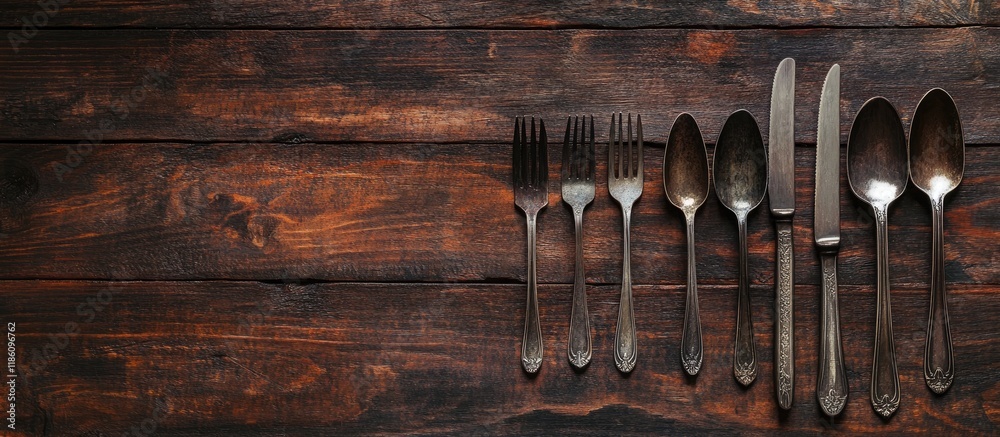Aufkleber rustic cutlery used for eating or serving food spoons forks shiny and attractive background copy spa