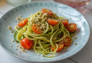 Zucchini noodles with cherry tomatoes and crumbled topping.