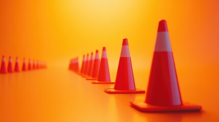 A row of traffic cones on a bright orange gradient background, symbolizing construction zones and safety measures.