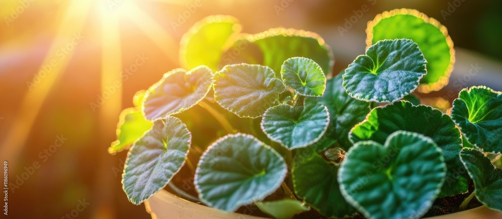 Leinwandbilder sunlight on the leaves of a potted saintpaulia or african violet focused selectively on the center. 