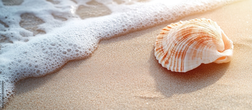 Poster seashell on the sandy beach summer vacation. with copy space image. place for adding text or design