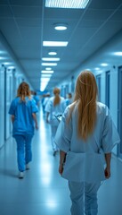 Obraz premium Healthcare Team, Doctors, And Nurses Walking Down Hospital Corridor, Medical Background
