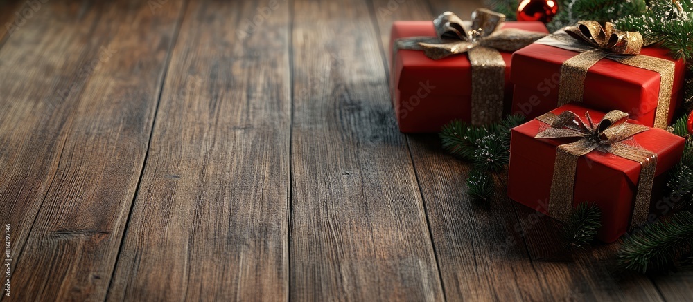 Poster background featuring christmas gifts placed on a wooden floor. with copy space image. place for addi