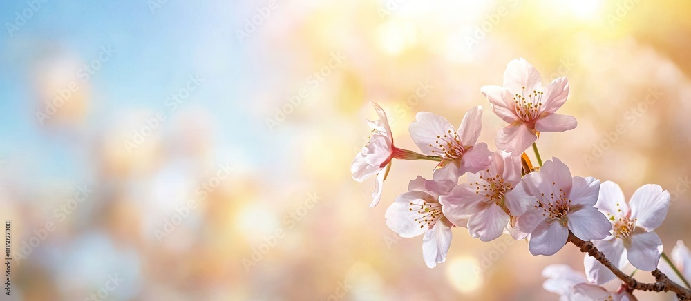 Poster Double cherry blossoms are in full bloom A branch with flowers stands against a blue sky with sunlight streaming through the blossoms. with copy space image. Place for adding text or design