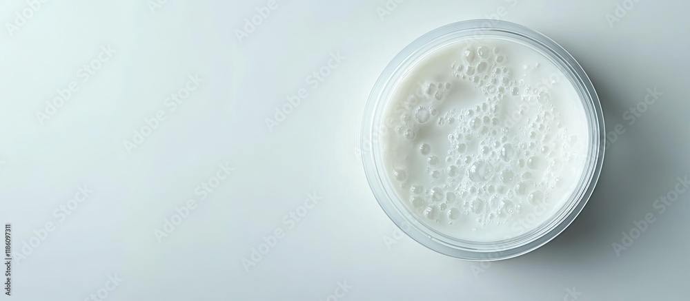 Poster Shower cream in a petri dish with a plastic lid on a white lab table Chemical component for cosmetic and toiletry products Top View. with copy space image. Place for adding text or design