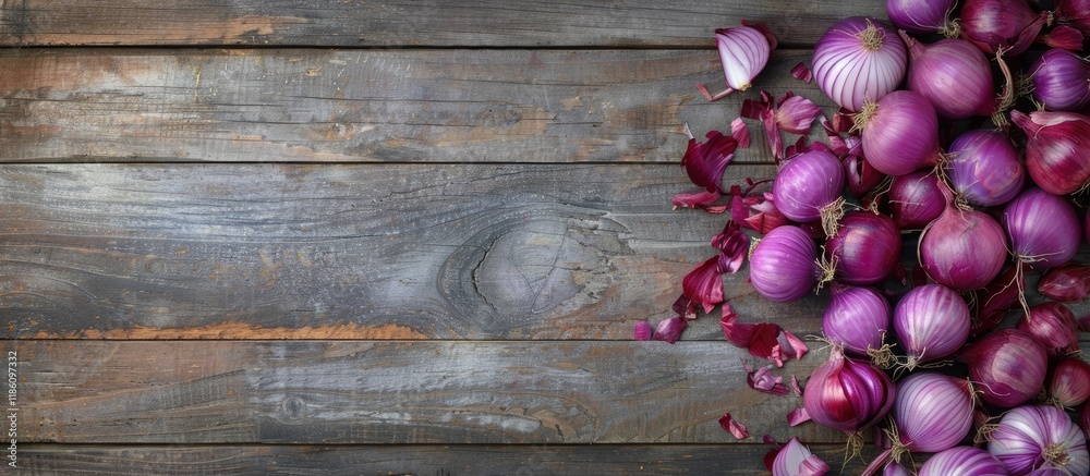 Fototapete purple onions on a wooden table. with copy space image. place for adding text or design