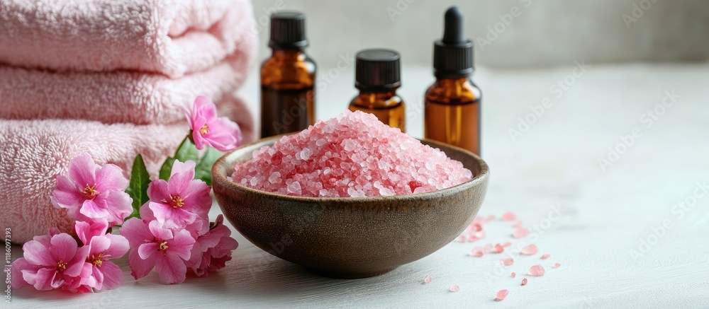 Poster spa or wellness pink sea salt in a bowl bottles of essential oil towels and flowers on a white woode