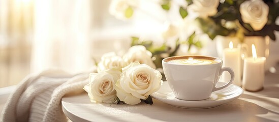 Coffee served for breakfast or lunch accompanied by decorations candles and flowers featuring white roses on the table alongside a cup of coffee. with copy space image