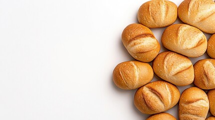 A photostock of freshly baked loaves of bread stacked symmetrically, isolated on a clean white background, warm and inviting, High Quality