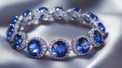 A shimmering sapphire bracelet with diamonds, lying on a smooth fabric surface, glowing in soft light.