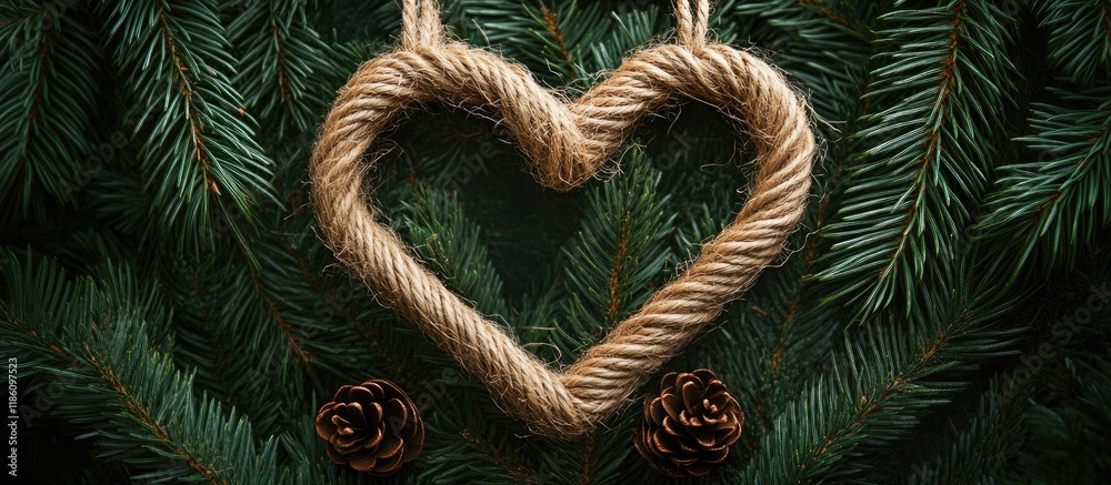 Fototapete Christmas backdrop featuring a heart shape crafted from Christmas twine. with copy space image. Place for adding text or design
