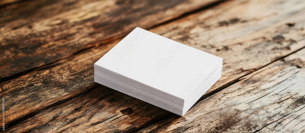 Poster mockup of a stack of blank white business cards on a vintage wooden table background. with copy spac