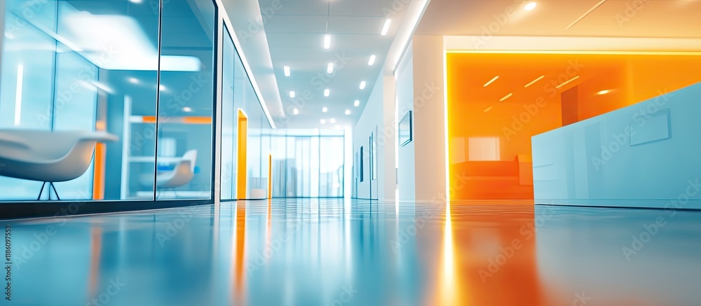 Leinwandbilder Abstract blur of a modern office interior at the entrance featuring a blue background with an orange light effect concept. with copy space image. Place for adding text or design