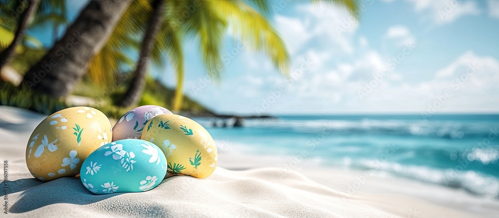 Aufkleber Easter set against a tropical beach backdrop Eggs on the white sand Theme of vacation and travel. with copy space image. Place for adding text or design
