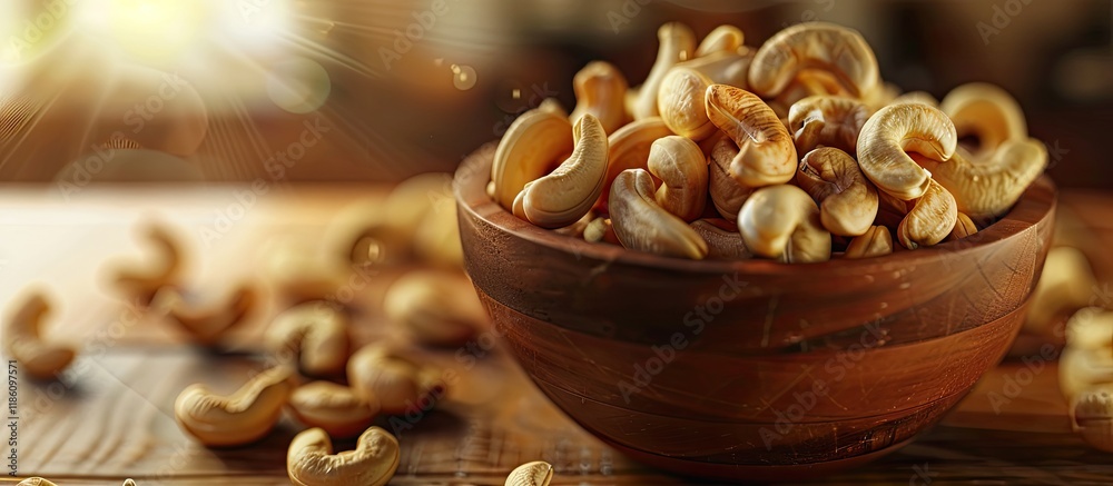 Aufkleber numerous cashews in the vintage wooden bowl dried nuts theme. with copy space image. place for addin