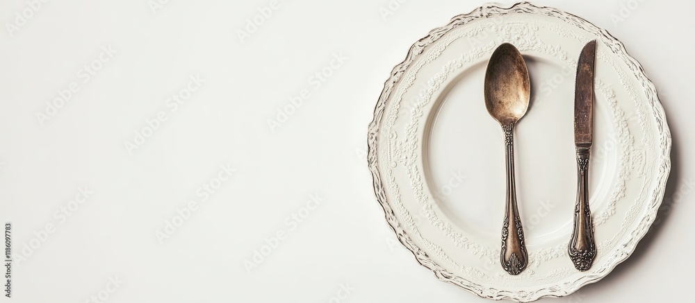 Leinwandbilder vintage beautiful plate spoon and fork set against a white background. with copy space image. place 