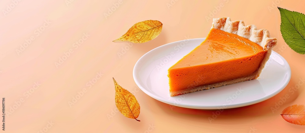 Aufkleber Plate with a slice of delicious pumpkin pie on a colored background. with copy space image. Place for adding text or design