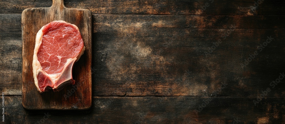 Poster raw pork chop on a wooden board top view with space for text. with copy space image. place for addin