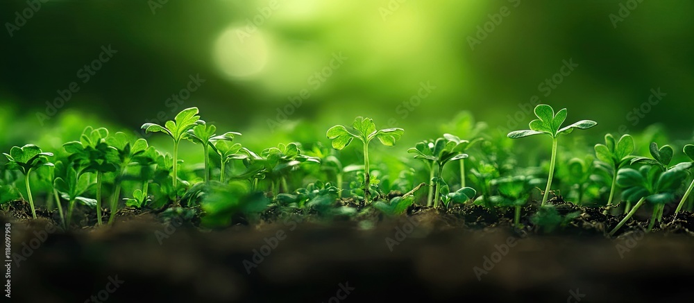 Poster Abstract background featuring green sprouts Parsley seedlings. with copy space image. Place for adding text or design