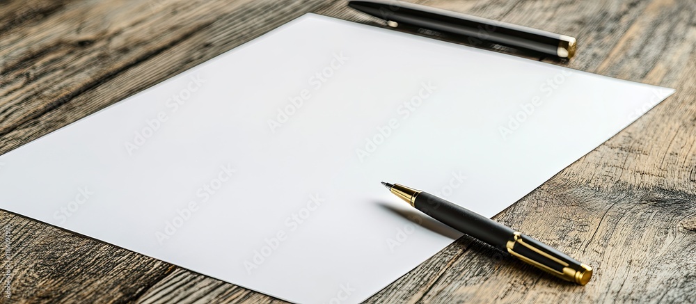 Poster blank white paper and a pen on a wooden desk high quality graphic collage. with copy space image. pl