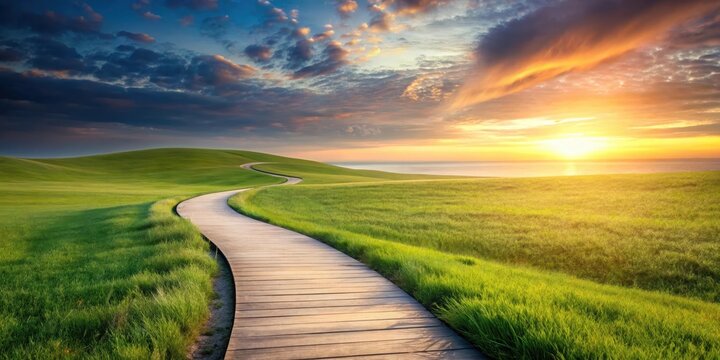 A serene landscape with a winding path leading to a horizon, symbolizing progress and journey towards success, focus, journey