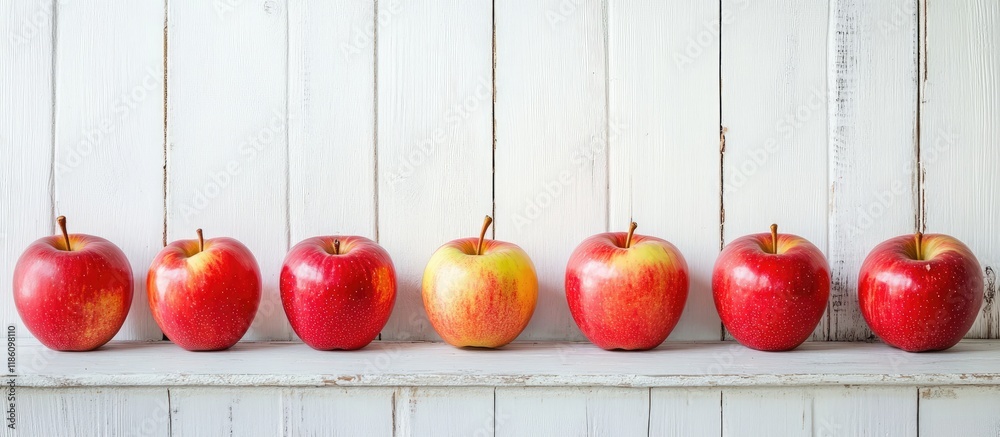 Fototapete Apples arranged in a row on a white wooden table background. with copy space image. Place for adding text or design