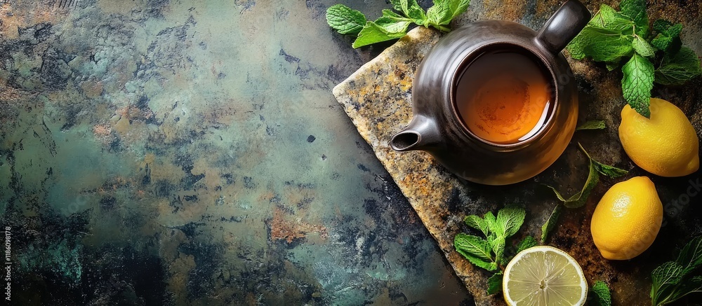 Poster herbal tea infused with mint and lemon a teapot resting on a stone table top view flat lay featuring